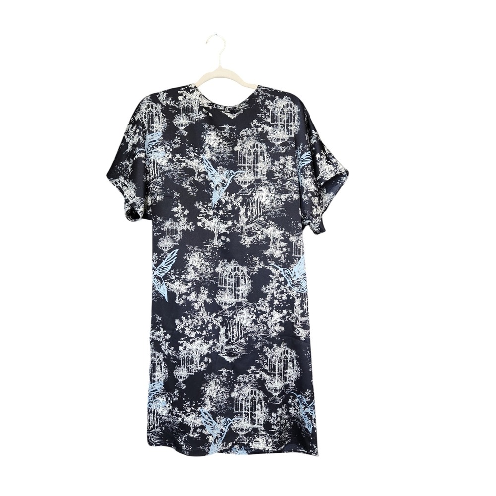 Chicos Toile Print Satin Silky Blue Shift Dress Hummingbird Garden Navy 00 XS/2